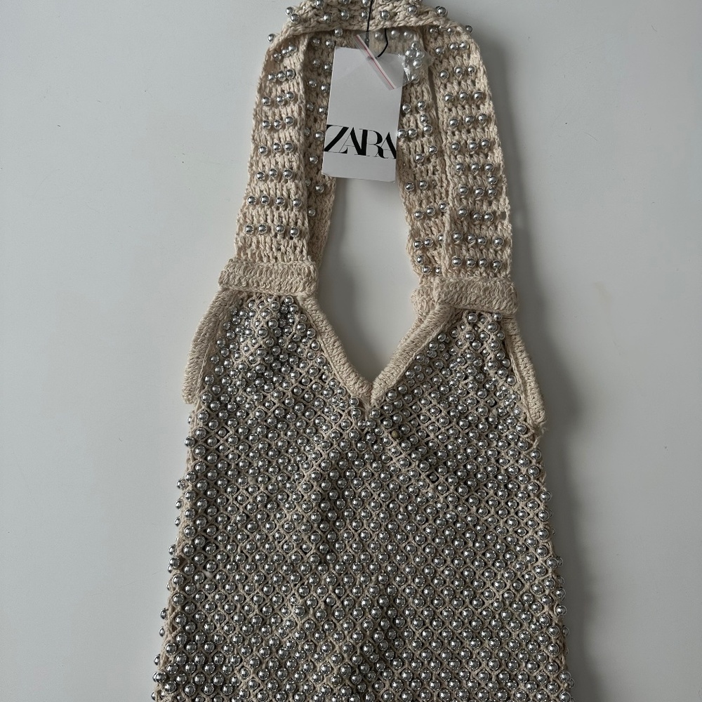 Zara Silver Beaded Embellished Knit Crochet Fabric Shoulder Purse